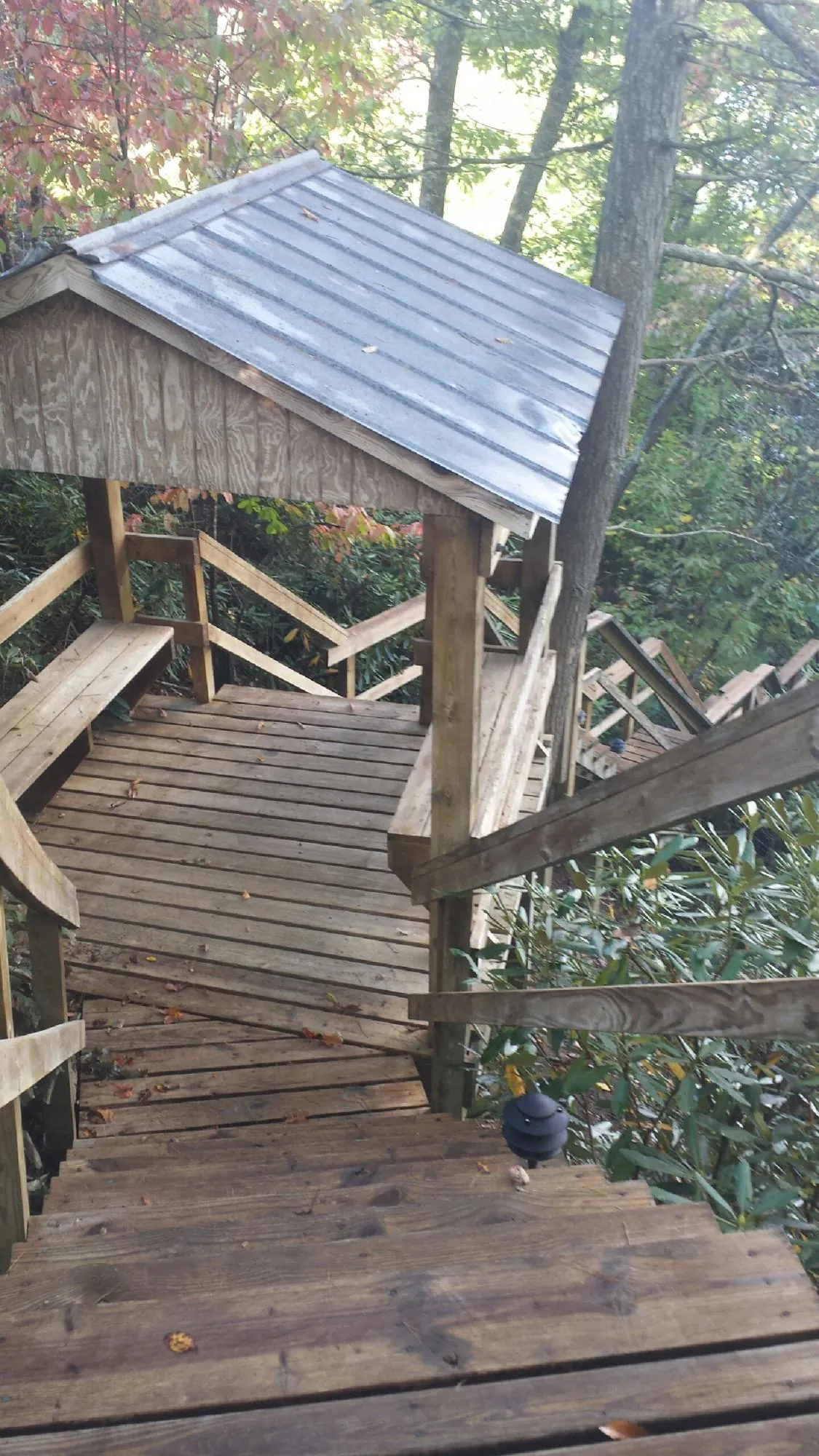 Metal roofed shelter over wooden steps on a wooded walkway — Skylight Repair & Installation work by our crew in Gobles